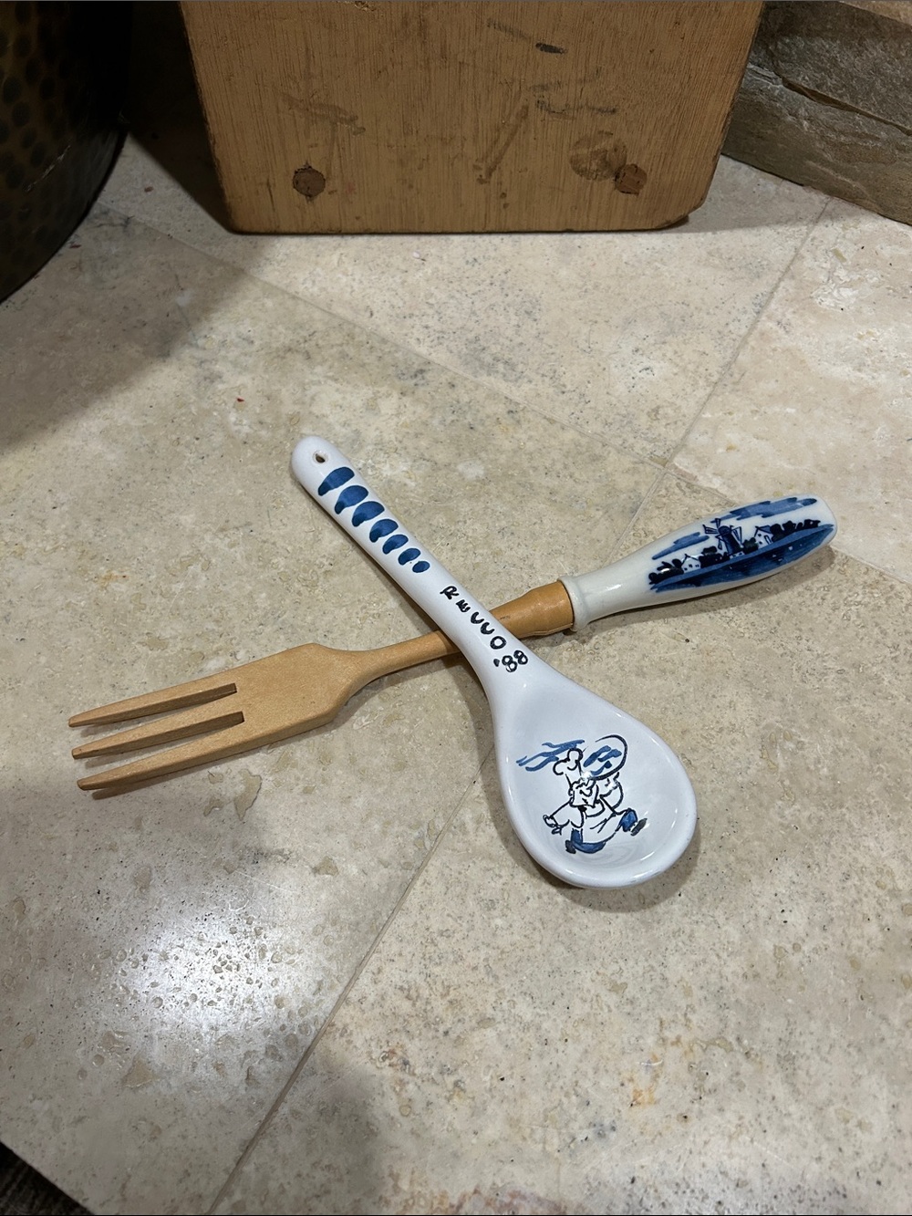 Vintage Blue and White Delft Ceramic Spoon Rest and Serving Fork